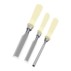 Set of three woodworking chisels with beige handles and metal shafts