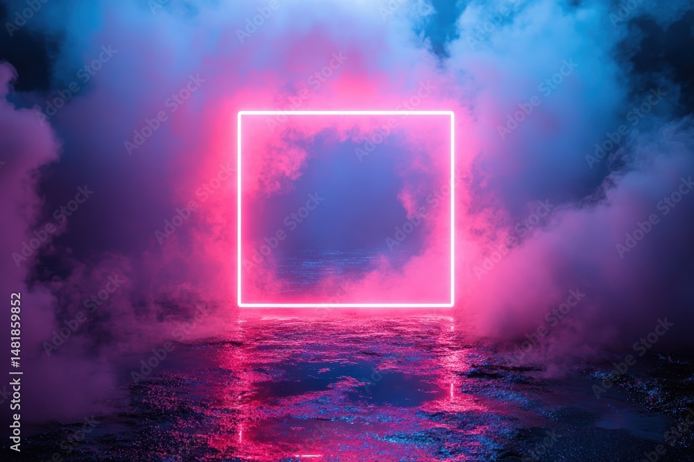 Poster glowing neon square in a misty atmosphere creating a surreal advertising backdrop