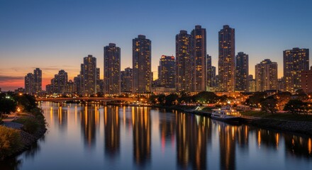 Cityscape reflections shimmering on the river at twilight urban harmony