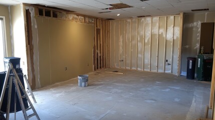 Renovation project interior view, room in progress, with unfinished walls