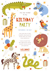 Childrens birthday invitation poster. Can used for birthday party, childish design. Cute animals and gifts. Tropical animals party invite background. Vector illustration
