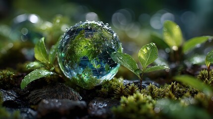 Vibrant green leaves cradle a dew-covered Earth globe, symbolizing hope and harmony with nature.