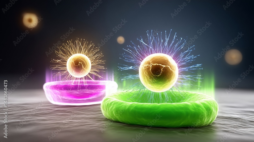 Poster microscopic spheres with energy fields interacting with cellular structures