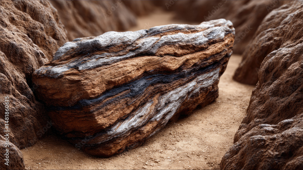 Aufkleber old brown stone wall shows a macro abstract texture where rock meets the closeup pattern of tree bar