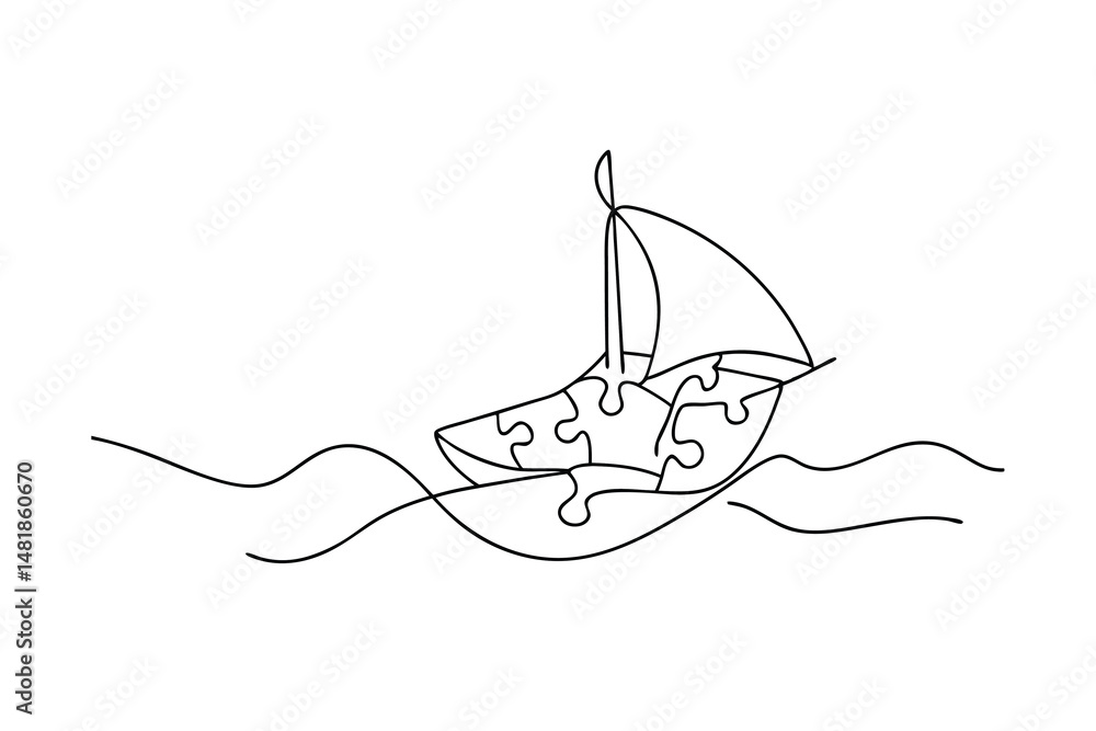Poster abstract one line drawing of a sailboat sailing on wavy lines illustrating problem solving and teamw