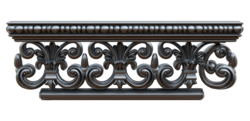 Decorative black wrought iron ornamental railing with intricate scrollwork and elegant floral motifs, finely crafted metalwork