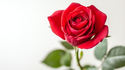Fototapeta premium A single, vibrant red rose sits prominently against a stark white background.