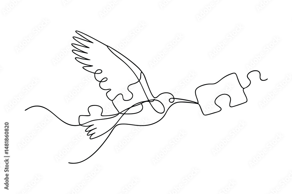 Poster elegant one line drawing of a hummingbird in flight carrying a puzzle piece symbolizing connection a