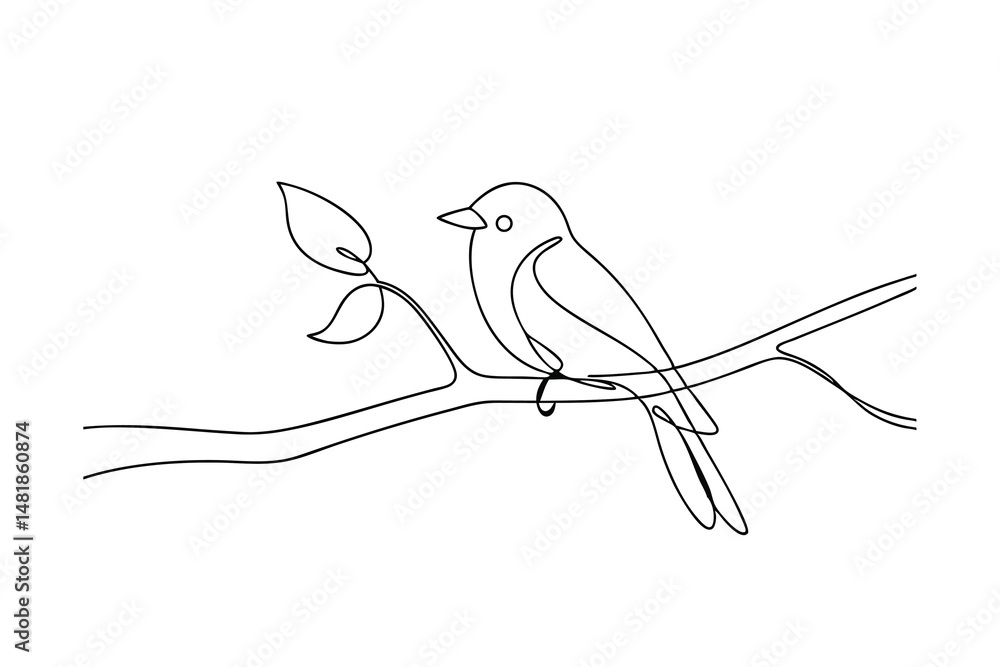 Poster simple and elegant line drawing depicting a bird perched gracefully on a branch with leaves in white