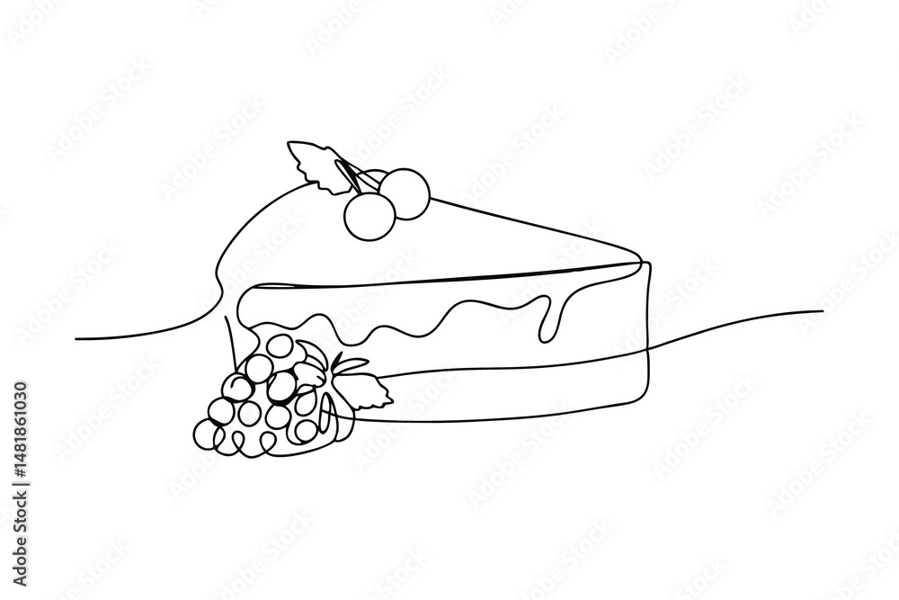Poster elegant simple line drawing of a slice of cake decorated with cherries and grapes on white backgroun