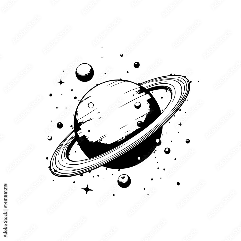 Poster saturn sketch surrounded by celestial objects, a captivating vector artwork
