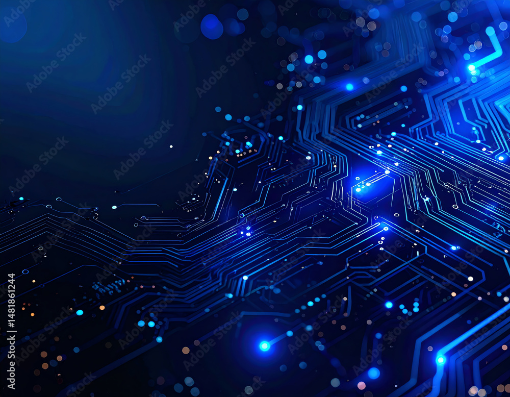 Poster abstract close-up of a blue circuit board with glowing lines and dots, representing technology and d