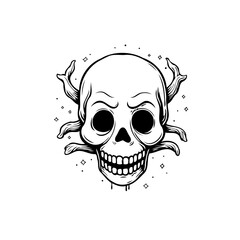 Monochrome skull adorned with stylized horns illustration for graphic design