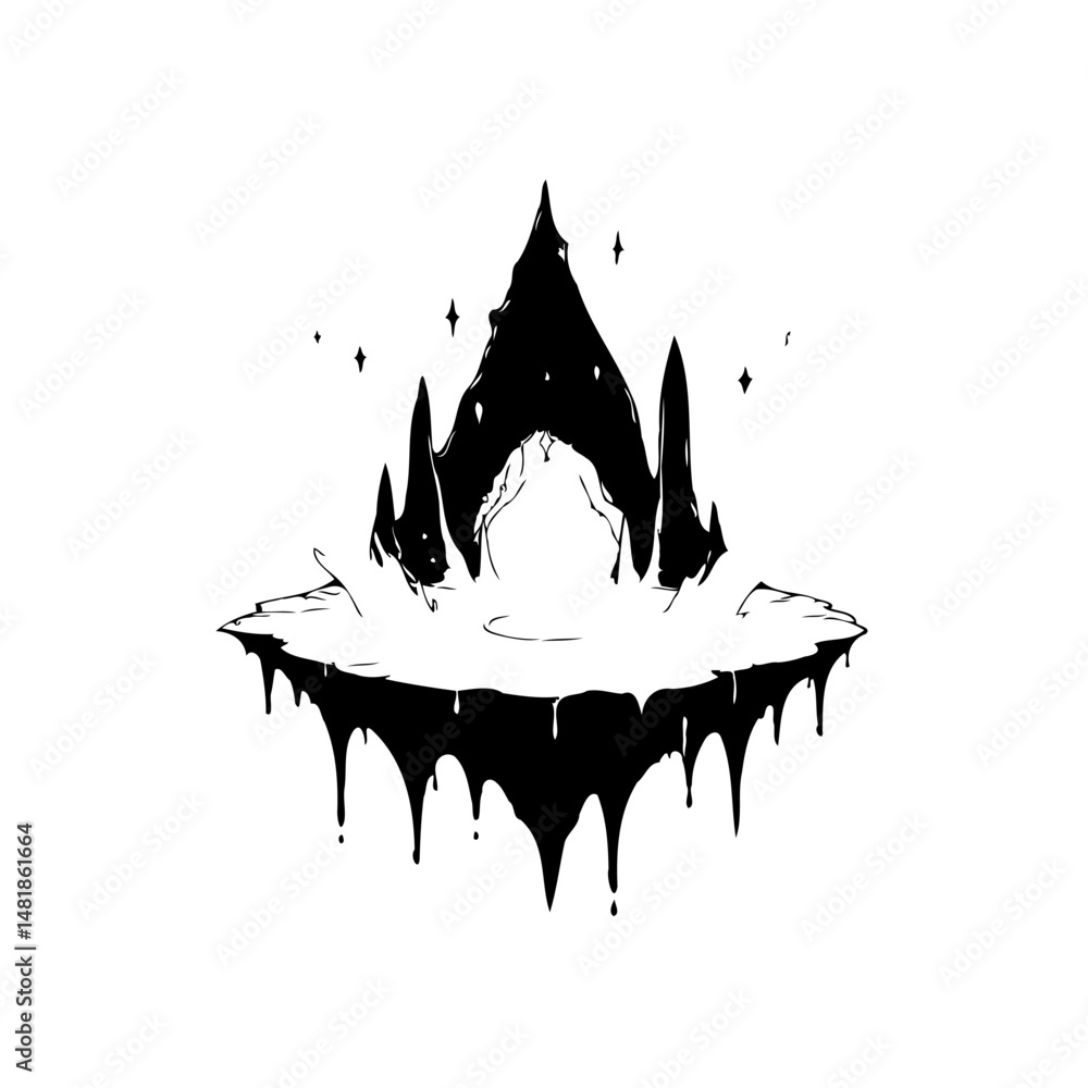 Poster abstract floating landscape illustration featuring a mysterious structure and dripping shapes