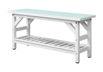 White wooden bench with slatted shelf and light blue top, simple design for indoor or outdoor seating and storage