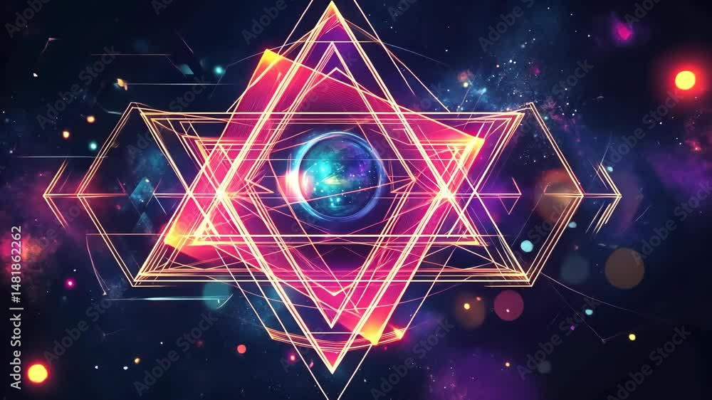 Poster geometric glowing pink triangle structure with celestial sphere in the middle, abstract digital back