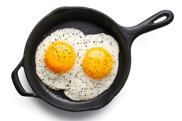 Top View Two Fried Eggs in Iron Pan Isolated on White