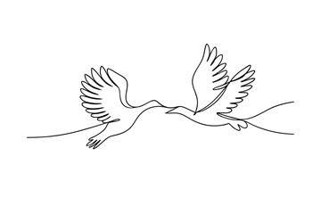 Two flying birds depicted in a continuous single line drawing illustration on a bright white background