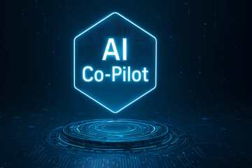 AI Co-Pilot Holograms in LED Interfaces and Minimalist Futuristic Spaces Representing Intelligent Automation, Digital Guidance, and Human-AI Collaboration
