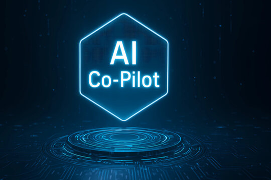 AI Co-Pilot Holograms in LED Interfaces and Minimalist Futuristic Spaces Representing Intelligent Automation, Digital Guidance, and Human-AI Collaboration