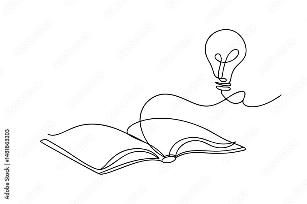 Aufkleber open book connected to a light bulb one continuous line drawing illustrating learning and ideas