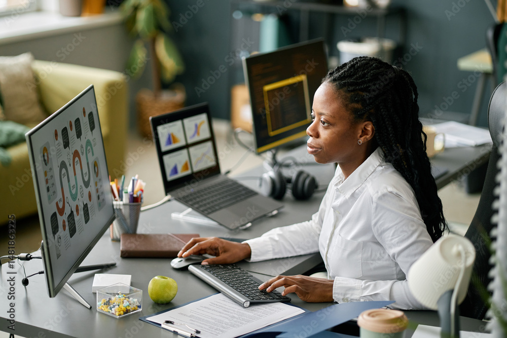 Poster african american woman working at desk with multiple computer monitors displaying various charts and