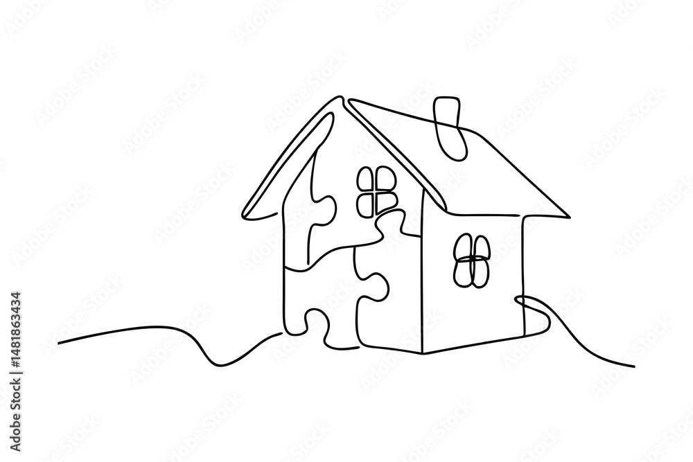 Poster a continuous line drawing depicting a house constructed from interlocking puzzle pieces on white bac