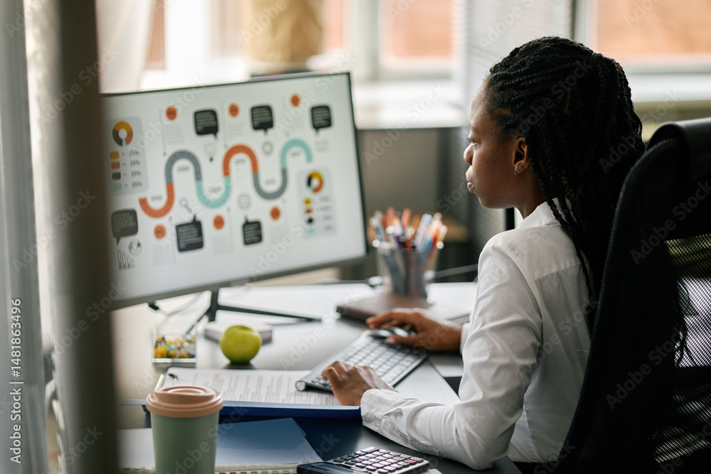 Poster african american businesswoman analyzing data on computer screen having graphs and charts in colorfu