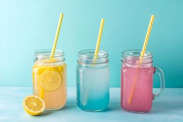 Colorful Mason Jar Drinks with Lemon and Striped Straws on Pastel Blue Background