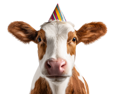 Happy cow wearing a party hat celebrating a joyful occasion on a transparent background, cut out
