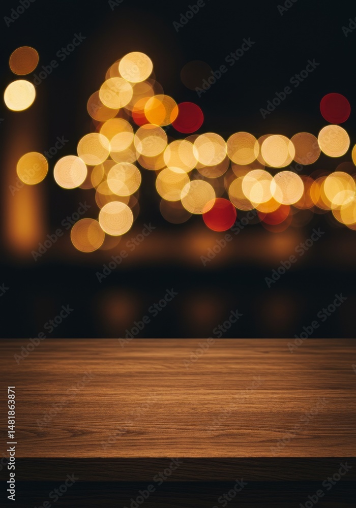 Poster abstract background empty wooden table with golden bokeh lights