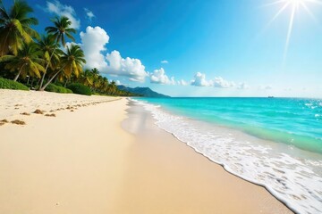 Sun-drenched sand meets tranquil turquoise ocean, gentle waves lapping shore , tropical, beachfront