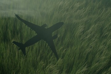 Low-flying jet's silhouette against tall grass