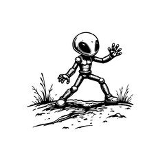 Monochrome depiction of a cartoonish alien figure on terrestrial ground