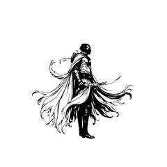 Mysterious cloaked figure wielding a curved blade with windswept garments drawing