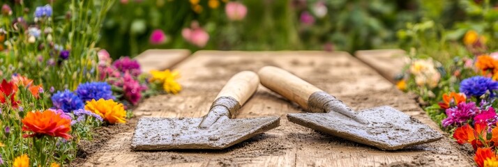 Two dirty mud trowels on wooden path with vibrant flowers: gardening concept 