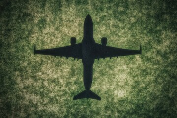 Overhead silhouette of a passenger jet against a textured green background