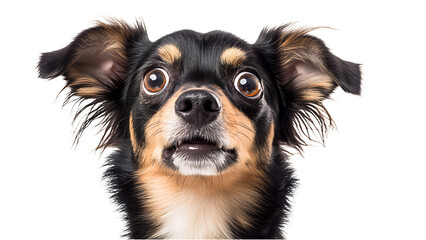Adorable dog with wide eyes showing a surprised or scared facial expression against black background