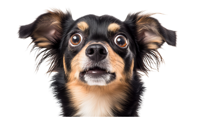 Adorable dog with wide eyes showing a surprised or scared facial expression against black background