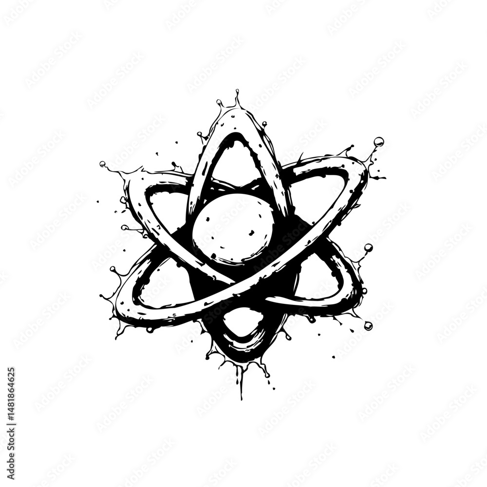 Poster abstract atom icon design with ink splash elements in monochrome style