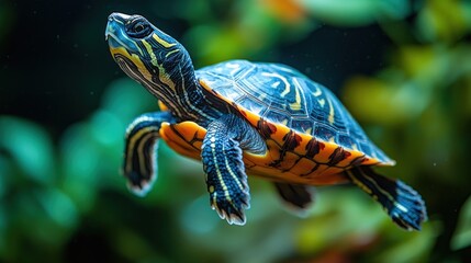 Close-up of a colorful turtle swimming in water.