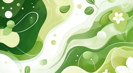 Abstract organic shapes blend soft greens and yellows, featuring delicate floral and leaf elements