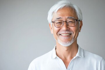 A middle-aged Japanese man with glasses and white hair, smiling slightly at the camera against a plain background. He is wearing an elegant button
