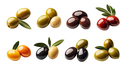 Assortment of beautiful olives with green leaves isolated on black background