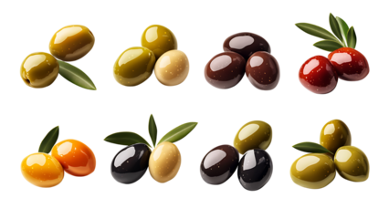 Assortment of beautiful olives with green leaves isolated on black background