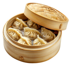 Steamed dumplings in bamboo steamer on transparent background
