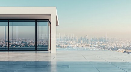 Modern rooftop penthouse overlooking cityscape