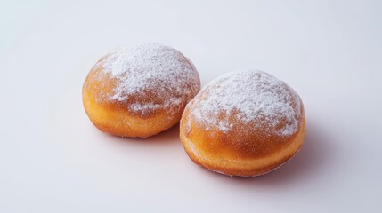 Two sweet beignets dusted with powdered sugar on a white background delicious dessert or breakfast treat pastry shop or bakery advertising image 