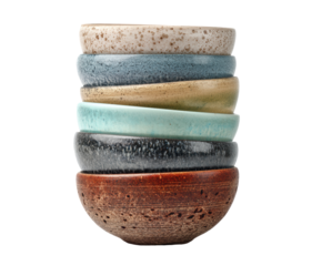 Stacked ceramic bowls showcasing unique designs and textures on a transparent background, cut out