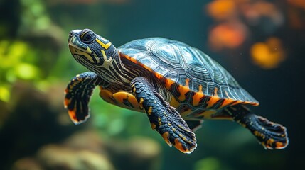 Close-up view of a colorful aquatic turtle.